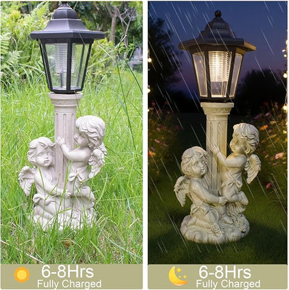 Angel Boy and Girl Statue with Solar Lantern, Outdoor Solar Angel Garden Statue with Roma Pillar for Garden Lawn Patio Yard Deocr, Mother's Day Birthday Gift