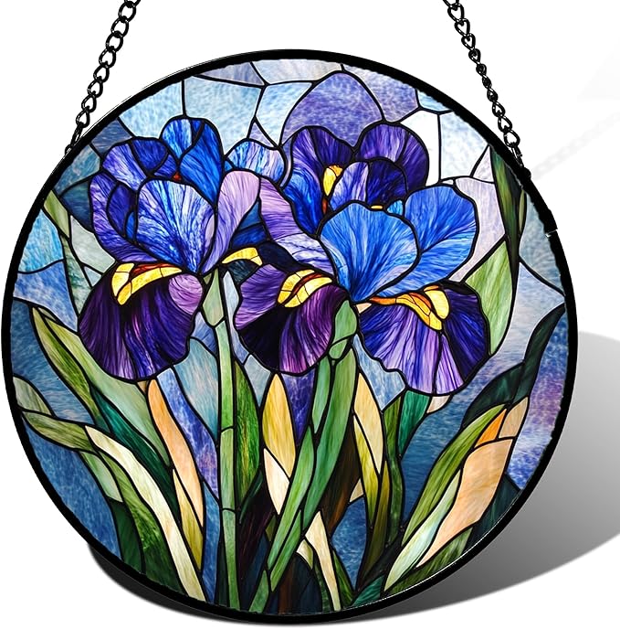 Stained Glass Window Hanging - Blue Purple Iris Flower Suncatcher for Door Garden Patio Sun Catchers Decor Christmas Mother's Day Birthday Gifts for Women Men Mom Nana Aunt Friend 7.8 in