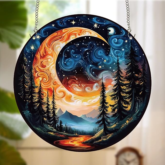 CREATCABIN Moon Window Hanging Acrylic Window Suncatchers Celestial Tree Stained Sun Catcher Decor Ornament with Chain Round Panel Wall Art for Home Kitchen Living Room Display Gifts 9.8 x 9.8 Inch