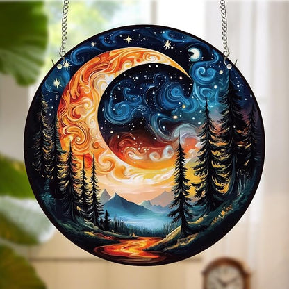CREATCABIN Moon Window Hanging Acrylic Window Suncatchers Celestial Tree Stained Sun Catcher Decor Ornament with Chain Round Panel Wall Art for Home Kitchen Living Room Display Gifts 9.8 x 9.8 Inch