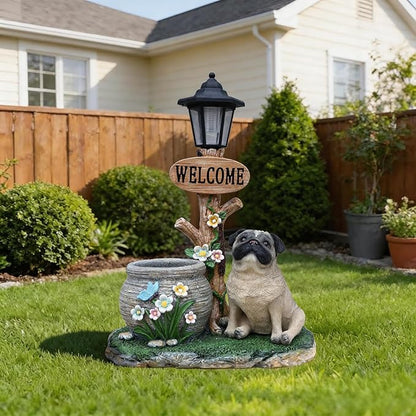20" Solar Bulldog Garden Statue with Welcome Sign & Planter - Large Dog Sculpture with LED Street Lantern - Weatherproof Resin Decorative Flower Pot for Porch, Yard & Patio - Pet Lover Gift