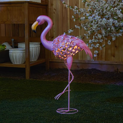 Zingz & Thingz Durable Iron Outdoor Décor Flamingo Solar Garden Stake, 18.5x7x27, Leaning