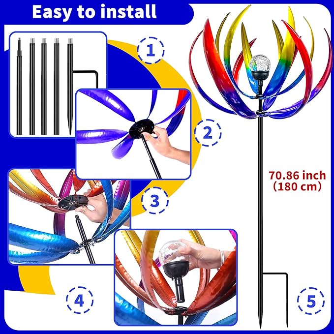 Wind Spinners Outdoor for Yard and Garden - Wind Sculptures & Spinners - 70 Inch Wind Spinner with Solar Powered Multi-Color Glass Ball Light for Yard Garden Backyard Lawn Decorations -Multicolored