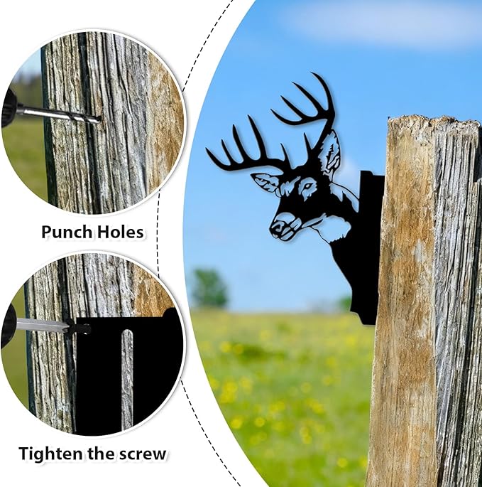 Peeping Metal Deer Decor - Black Deer Yard Art for Outdoor Tree, Fence, or Farmhouse Wall, 11.4" x 9.37" Weatherproof Metal Animal Silhouette (Screws Included)