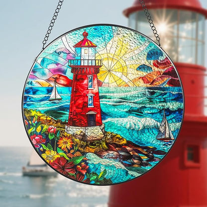 Suncatcher Stained Glass Window Hanging - Lighthouse Glass Panel with Metal Chain and Hooks Handmade Sun Catcher Decoration for Window Garden Home Christmas & Birthday Gifts (7.8 Inch)