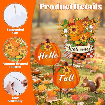 3 Pcs Metal Pumpkin Yard Stakes with Welcome Sign Hello Fall Pumpkin Yard Signs Hanging Wall Decor Farmhouse Decorative Garden Stakes for Autumn Harvest Thanksgiving Outdoor Walkway Decor