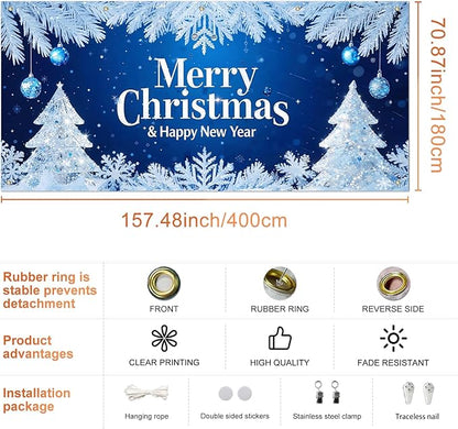 IVN Merry Christmas Happy New Year Garage Door Banner 13x6 ft Christmas Garage Door Wnter Scene Background Indoor Outdoor Blue Snowflake Tree Holiday Decorations for Home Wall Backdrop Decor