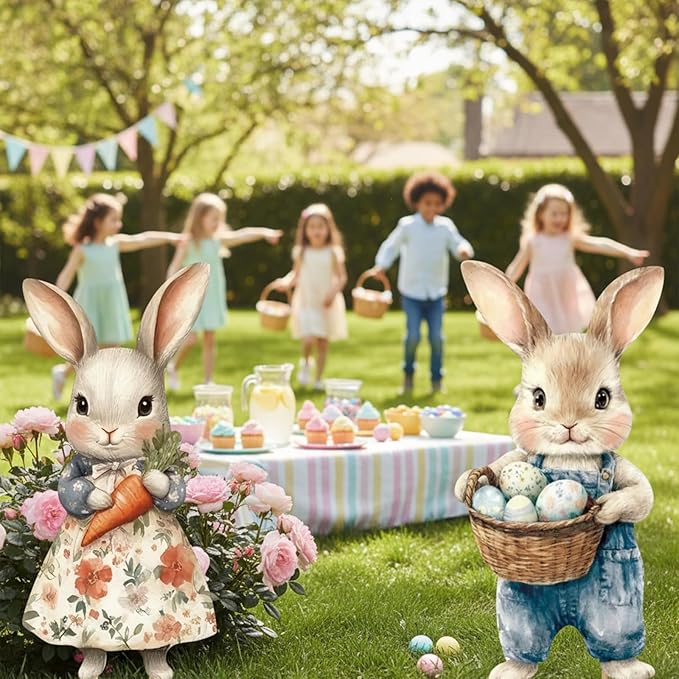 2 Pcs Easter Metal Vintage Bunny Yard Signs, Retro Bunny Couple Easter Decorations Outdoor, Farmhouse Rustic Rabbit Hanging Wall Decor with Carrot Eggs for Home Family Outside Spring Patio
