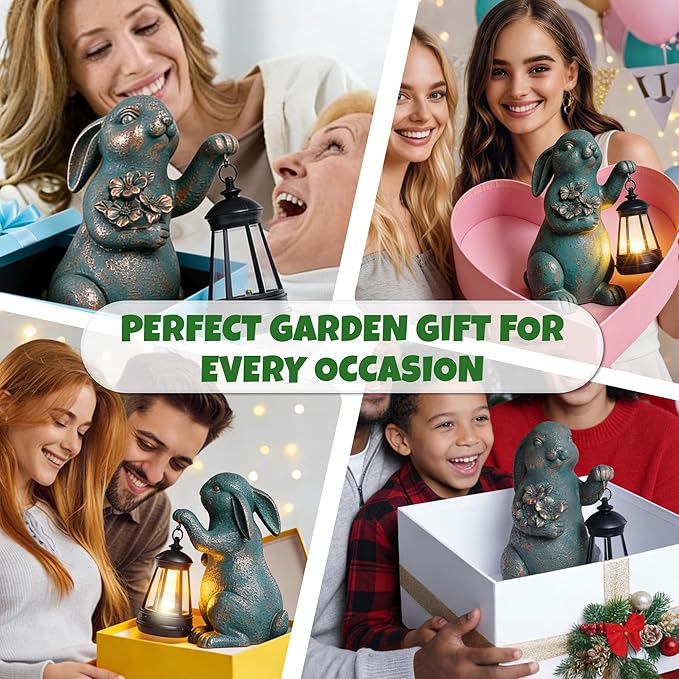 Solar Garden Statues, Resin Bunny Statue w/Flower, Waterproof Figurine Rabbit Solar Latern for Outside Yard Outdoor Home Patio Lawn, Animal Lights for Adults Women Birthday Easter Gifts