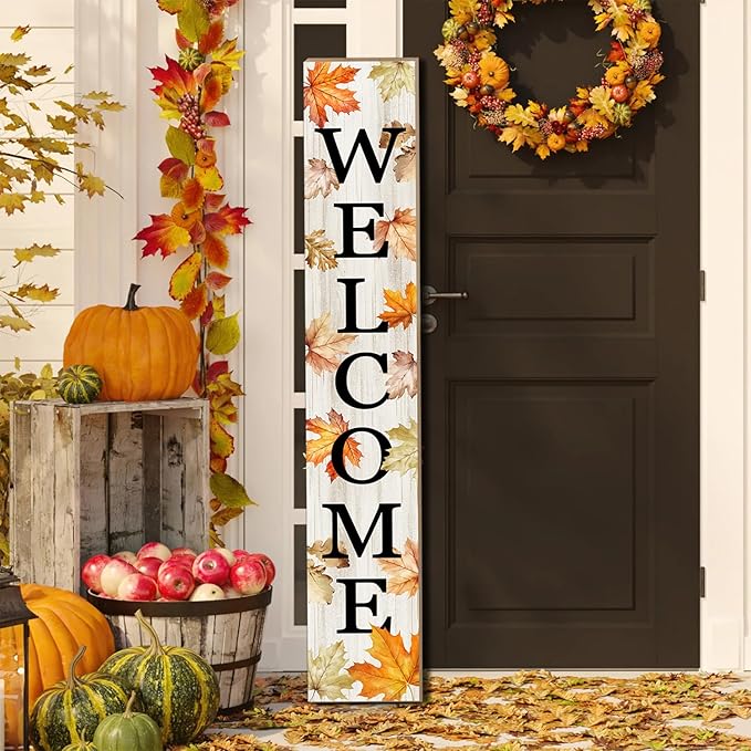 Fall Porch Sign Autumn Maple Leaf Welcome Sign Vertical Standing Sign For Front Porch Decor Farmhouse Wall Hanging for Patio Yard Party Indoor Outdoor Thanksgiving Decoration 47.2"H