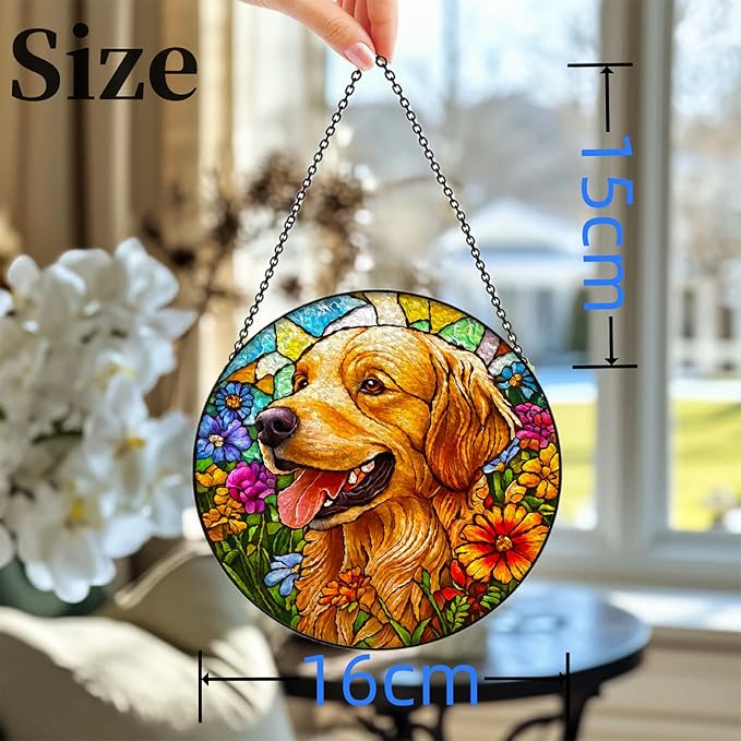 Stained Glass Suncatcher Golden Retriever Dog in Flowers Handmade Window Hangings Colored Glass Suncatcher Crafts Kits for Indoor Garden Christmas Decoration 16x16cm-1-2