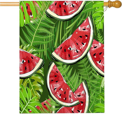 Mugod Sweet Watermelon House Flag 28 x 40 Vertical Double Sided, Black Seed Red Pulp Green Skin Summer Themed Farmhouse Holiday Outside Decorations Large Burlap Yard Flag
