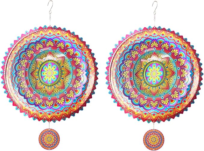 2 Pack Garden Wind Spinners Outdoor Mandala 3D Stainless Steel 12 Inch Patio Garden Decorations Multi Color Hanging Wind Spinners for Porch