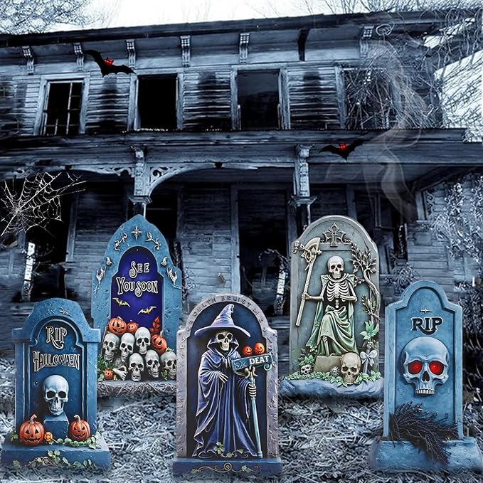 5PCS 26.7X15.7" Large Tombstones Halloween Decorations Garden Signs,Outdoor Cemetery Tombstone Decoration With H Metal Stake,Waterproof Halloween Party Decorations,Outdoor lawn Family Gatherings