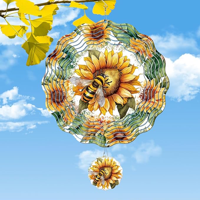 Rngmsi Wind Spinners Outdoor Garden Decor for Outside, 3D Metal Sunflower and Bee Wind Spinner Hanging Decor Kinetic Art for Yard, 12 in Stainless Steel Hanging Gifts for Women Housewarming