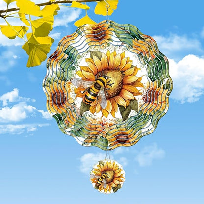 Rngmsi Wind Spinners Outdoor Garden Decor for Outside, 3D Metal Sunflower and Bee Wind Spinner Hanging Decor Kinetic Art for Yard, 12 in Stainless Steel Hanging Gifts for Women Housewarming