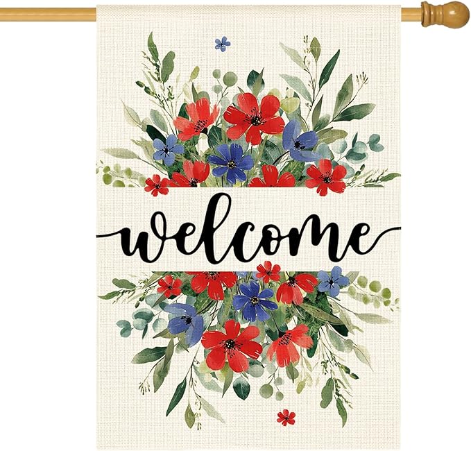 AVOIN colorlife Memorial Day Patriotic 4th of July House Flag 28x40 Inch Double Sided Outside, Welcome Floral Yard Outdoor Decoration