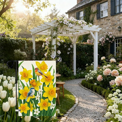 Baccessor Spring Summer Daffodils Garden Flag 12.5 x 18 Inch Double Sided Burlap Bluebirds Yellow Flower Green Leaf Farmhouse Small Yard Flag Summer Holiday Seasonal Outdoor Outside Decoration