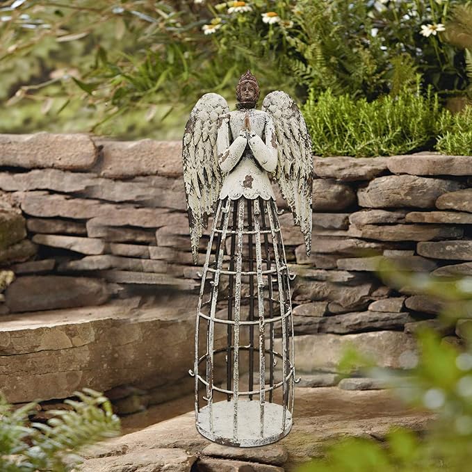 Antiqued Praying Metal Garden Angel Statue with Hooks, Indoor Outdoor Angel Yard Art Decor Lawn Patio Decorations Holiday Decor Garden Gift Idea, 22'’H (Rusty Praying Angel)