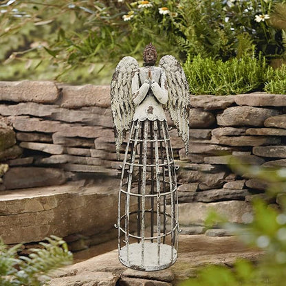 Antiqued Praying Metal Garden Angel Statue with Hooks, Indoor Outdoor Angel Yard Art Decor Lawn Patio Decorations Holiday Decor Garden Gift Idea, 22'’H (Rusty Praying Angel)