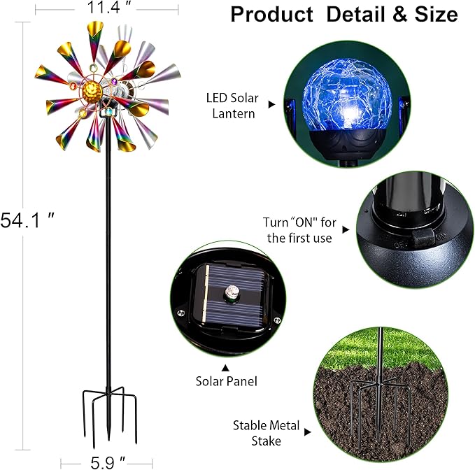 Solar Wind Spinner Outdoor - Metal Kinetic Garden Sculptures with Color Changing LED Crackle Glass Ball, Waterproof Wind Mill Stake for Yard, Patio, Lawn, and Pathway Decoration (Multi-Color)