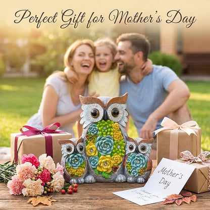 Candieslife Solar Garden Statue Owl Decor – Cute Owl Family Figurines with LED Succulent Lights, Waterproof Outdoor Yard Art Ornaments for Patio, Lawn, Porch, Housewarming Gifts for Women Mom