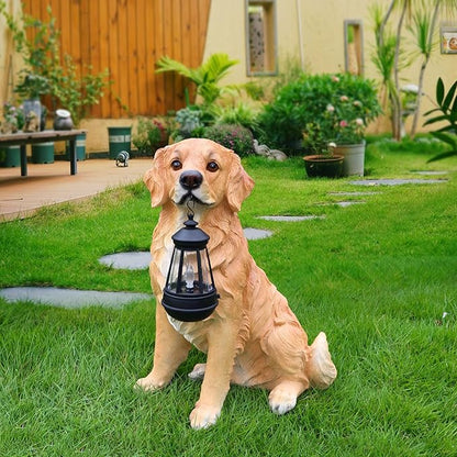 Golden Retriever Garden Statue with Solar Lantern & Welcome Sign, 15.7" Large Realistic Dog Sculpture Outdoor Decor for Patio Yard Lawn Porch, Pet Memorial Figurine Gift for Dog Lovers, 5.7lbs