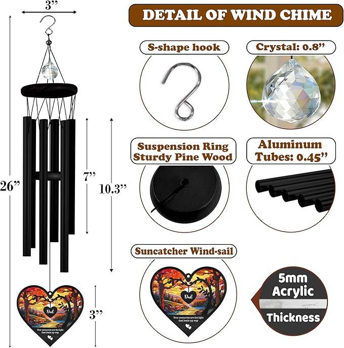 Sympathy Wind Chimes Crystal Memorial with Suncatcher Custom Ornament Gift for Loss of Loved One Mom Dad Grandma Grandpa Friend Bereavement Condolence Keepsake in Memory Window Grave Hanging Decor