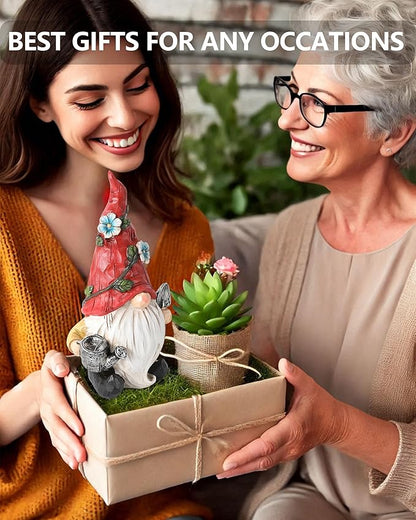 GoGnome Hand-Painted Resin Garden Gnome with Watering can and Shovel Figurine - 6.5" Summer and Spring Decorations for Home and Yard - Ideal Gnome Gifts for Women (Red)