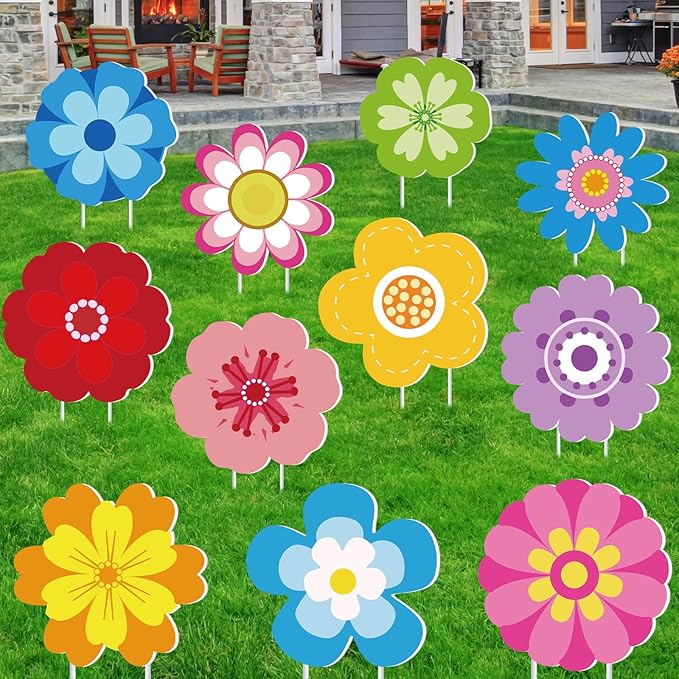 Amyhill 12 Pcs Spring Flower Yard Signs Decoration for Outdoor Floral Garden Lawn Signs with Stakes Waterproof Hello Spring Decor for Easter Festive Holiday Party Patio Lawn Walkway Decorations