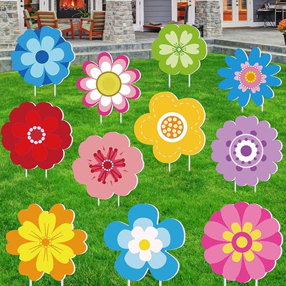 Amyhill 12 Pcs Spring Flower Yard Signs Decoration for Outdoor Floral Garden Lawn Signs with Stakes Waterproof Hello Spring Decor for Easter Festive Holiday Party Patio Lawn Walkway Decorations
