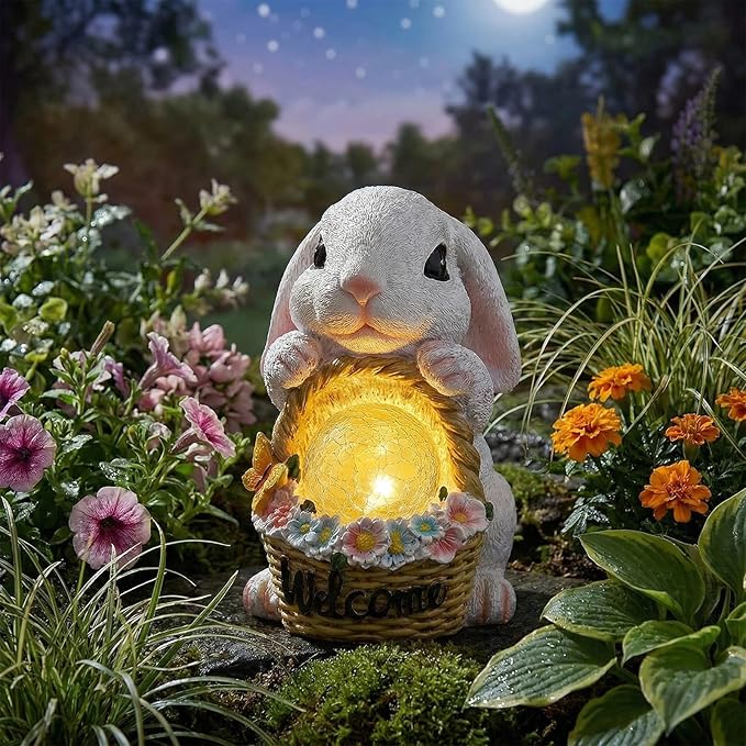 Solar Garden Outdoor Statues Rabbit with Flower Basket, Ideal Gift for Mom, Daddy, Cute Bunny Statue Decor for Lawn, Patio, Yard(White Rabbit)