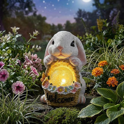 Solar Garden Outdoor Statues Rabbit with Flower Basket, Ideal Gift for Mom, Daddy, Cute Bunny Statue Decor for Lawn, Patio, Yard(White Rabbit)