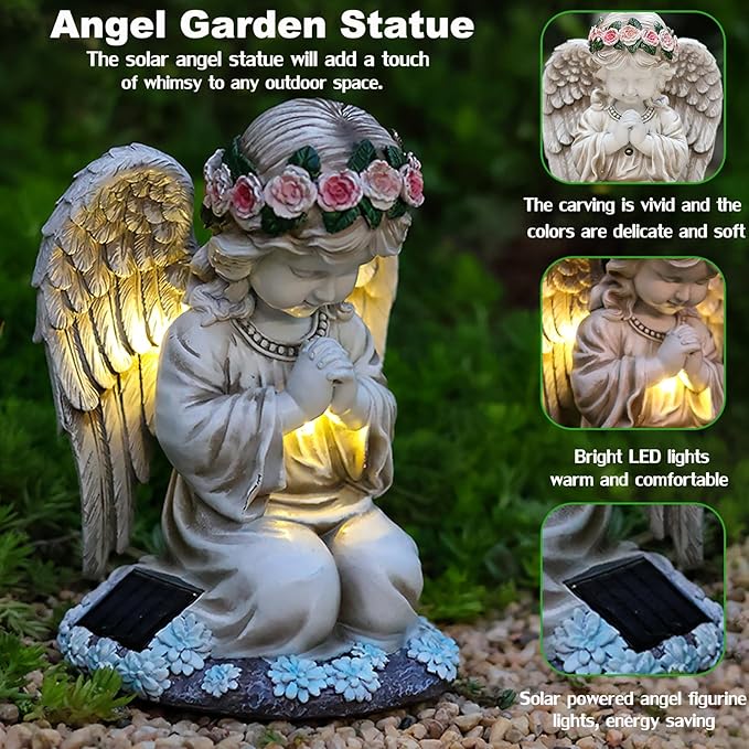VEEKI Solar Angel Garden Statue Outdoor, Resin Angel Statues Solar Figurine Lights Outdoor Waterproof, Angel Sculpture for Outside Garden Yard Patio Grave Cemetery Decor, Sympathy Memorial Gift