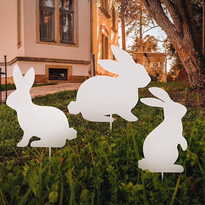 MorningRo 3 Pcs Large Easter Bunny Yard Signs Metal Rabbit Garden Stakes Easter Bunny Lawn Decorations Outdoor White Decorative Yard Decoration with Stake for Holiday Decor