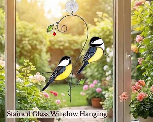 Chickadee (1 Pair) Stained Glass Birds Suncatcher for Mom, Grandma, Women - Real Glass Window Hanging Ornament - Handmade Bird Lover Home Decor (Gifts Ready Packaging)