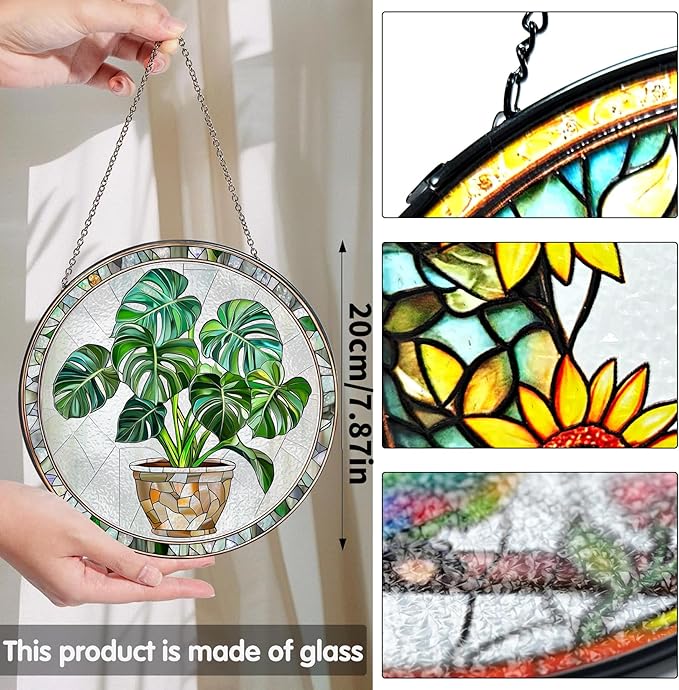 Bimkole Plant Stained Glass Suncatcher Window Hanging - Pothos Indoor Window or Doorway Decoration - Handmade Sun Catcher Decor for Garden Home Christmas & Birthday Gifts 7.87x7.87 inch