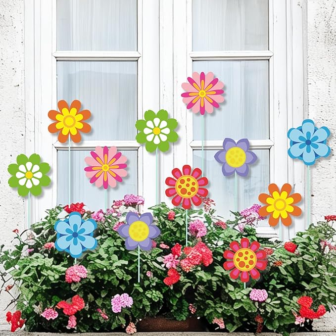 Cinrobiye 12Pcs Spring Floral Flower Planter Stakes Tulip Daisy Pot Signs 5.9Inches Colorful Floral Garden Stake Outdoor Lawn for Spring Party Patio Yard Outside Greetings Home Farmhouse Decor