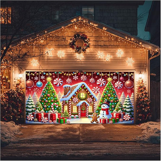 HOMETITUTE Christmas Garage Door Banner 13x6ft Gingerbread House Snowman Candy Cane Holiday Backdrop Winter Scene Indoor Outdoor Wall Hanging Seasonal Party Decorations Festive Porch Entry