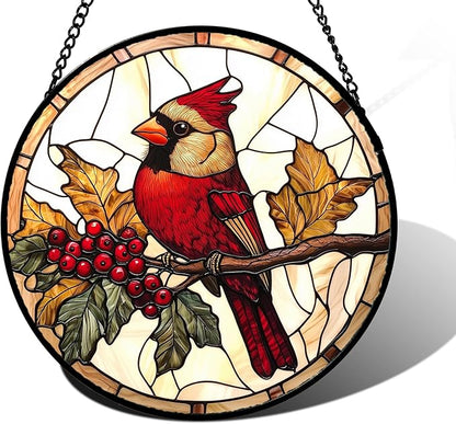 DASTOLL Stained Glass Window Hanging, Birds on a Branch Cardinal Sun Catchers Diamond Glass Panel Hangings Suncatcher Decor for Birthday for Women, Men, Wife, Aunt,and Mom 7.8X7.8IN
