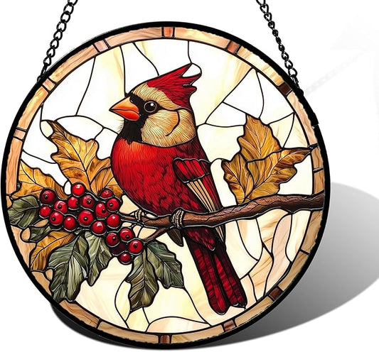 DASTOLL Stained Glass Window Hanging, Birds on a Branch Cardinal Sun Catchers Diamond Glass Panel Hangings Suncatcher Decor for Birthday for Women, Men, Wife, Aunt, and Mom 6.3 in