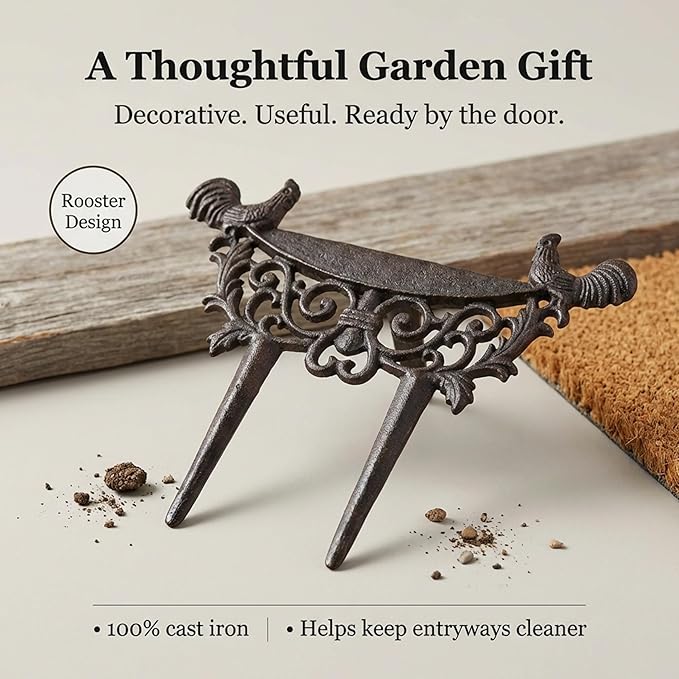 LuLu Decor, Cast Iron Garden Boot Scraper Set of 2, Solid Decorative Design with Pointed Bottom for Easy in ground use, H 10" W 11"(2 Pc Rooster)