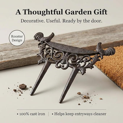 Lulu Decor, Cast Iron Garden Boot Scraper, Solid Decorative Design with Pointed Bottom for Easy in ground use, H 10" W 11"(1 pc Rooster)