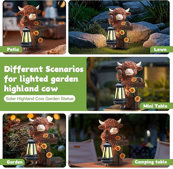 Solar Highland Cow Garden Decoration - Outdoor Waterproof Resin Statues with LED Lantern Lights, Solar Patio Figurines for Yard & Lawn (1-Pack, Auto On/Off), Decor for Inside&Outdoor