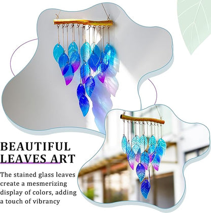 Wind Chimes for Outside,Stained Glass Leaves Wind Chimes Indoor Outdoor Hanging Decor Handmade 12.5" Garden Chimes for Windows, Patio,Backyard Decor Ornament for Christmas Tree