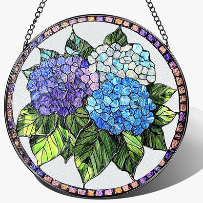 8-Inch Stained Glass Ornament, Stained Glass Window Hanging, Window Hanging Decor Suncatcher, Blue Hydrangea Ornament | Christmas, Mother's Day, Birthday | Gifts for Mom, Garden Gifts for Friends