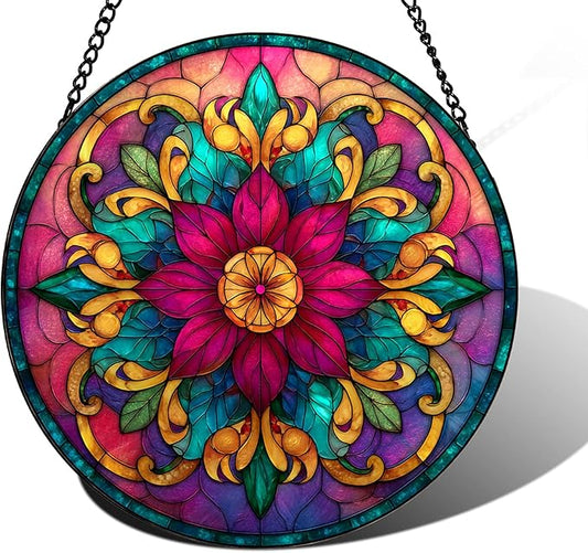 Bohemian Mandala Stained Glass Window Hanging Sun Catcher Indoor Outdoor Home Garden Panel Hangings Gift for Kits Adults (Red)