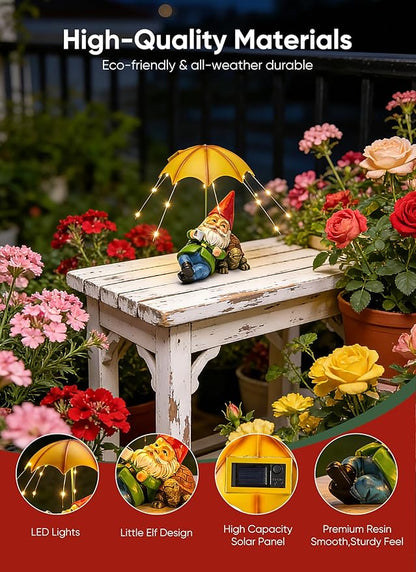 Brightown Solar Garden Decor Gnome Statue Light with 32 LED Lights, Gnome with Umbrella, Hand-Painted Resin, IP65 Waterproof Outdoor Decor for Patio, Balcony & Yard Decorations, Unique for Mom
