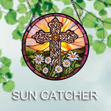 DASTOLL Christian Gifts for Women - Cross Stained Glass Window Hanging Jesus Easter White Daisy Flower Sun Catcher Garden Religion Decor Mother's Day Catholic Gift for Men Grandma Nana Her 7.8"