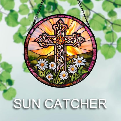 DASTOLL Christian Gifts for Women - Cross Stained Glass Window Hanging Jesus Easter White Daisy Flower Sun Catcher Garden Religion Decor Mother's Day Catholic Gift for Men Grandma Nana Her 6.3"